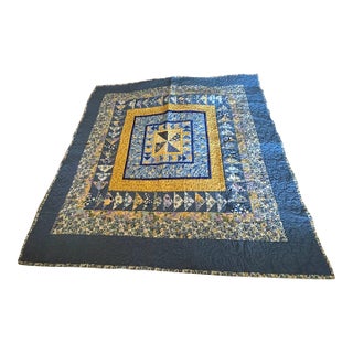 1990s Folk Art Handmade Triangle Flower Design Yellow Blue Quilt - 4' X 4' For Sale