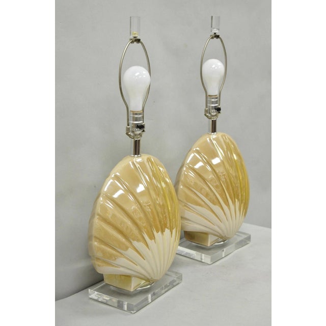 Late 20th Century Mid Century Modern Iridescent Gold Ceramic Pottery Clam Shell Table Lamp - Pair For Sale - Image 10 of 15