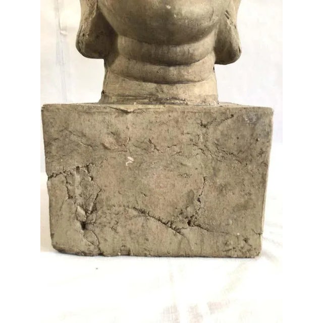 1960s Painted Cast Terracotta Zen Buddha Head Statue With Base.