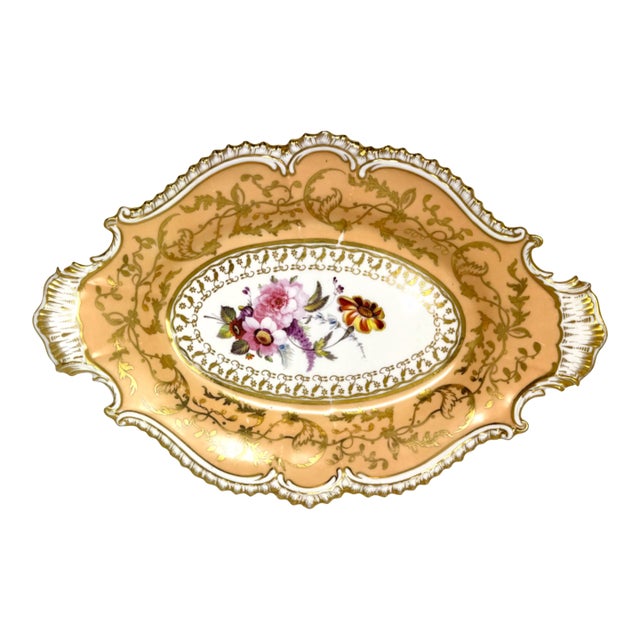 Antique Victorian Peach & Gold Porcelain Oval Serving Dish For Sale