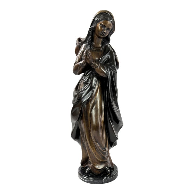 Late 20th Century Bronze Virgin Mary Statue on Marble Base – Renaissance Religious Sculpture For Sale