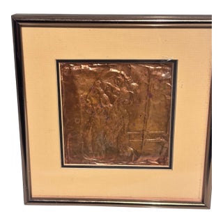 A Vintage Framed 3d Copper Relief Wall Art Piece Featuring a Pressed Metal Figure. (A Dog) For Sale