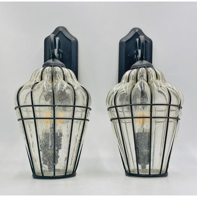 Mid-Century Modern Pair Murano Style Outdoor Wall Sconces Caged Glass Lanterns, March 2001 For Sale - Image 3 of 18