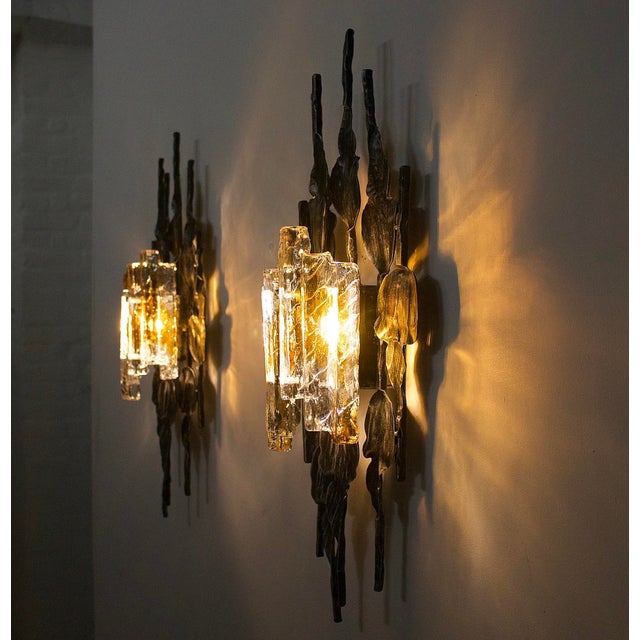 Large Brutalist Wall Sconces in Wrought Iron and Glass, 1970s, Set of 2 For Sale - Image 4 of 14