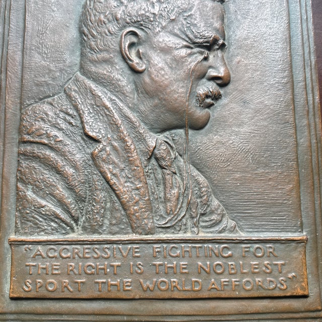 An original 1920 antique bronze bas-relief portrait plaque featuring the profile of the 26th U.S. President, Theodore...