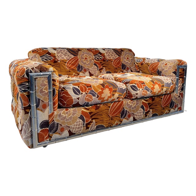 Mid-Century Modern Floral Upholstered Loveseat With Chrome Frame For Sale