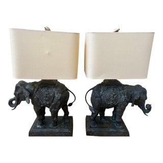 Early 20th Century Rare Matched Pair — Maitland-Smith Figural Elephant Lamps, Cast Brass/Bronze With Original Shades For Sale