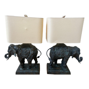 Early 20th Century Rare Matched Pair — Maitland-Smith Figural Elephant Lamps, Cast Brass/Bronze With Original Shades