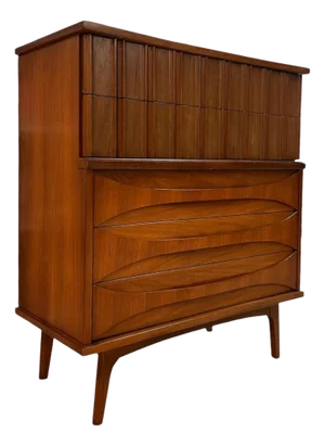 1970s Vintage Mid Century Modern Solid Walnut Five Drawer Dresser With Solid Wood Bentwood Handles and Brutalist Accents