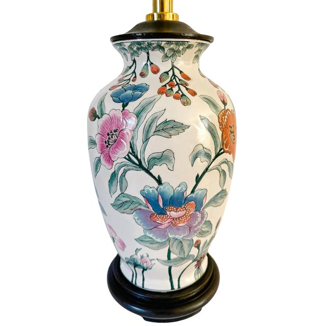 Ceramic Vintage Chinoiserie Famille Rose Porcelain Table Lamps With Brass Shou Finials - a Pair For Sale - Image 7 of 15