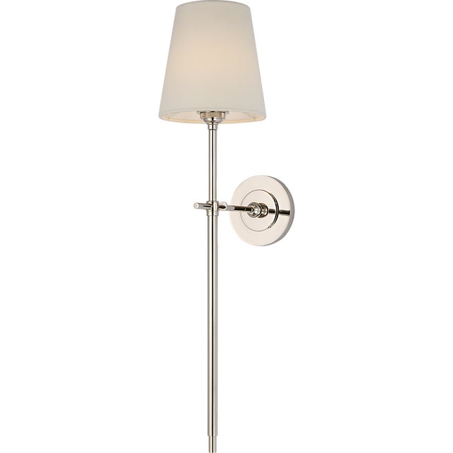 Visual Comfort Thomas O'Brien for Visual Comfort Signature Bryant 27" Cordless Tail Sconce in Polished Nickel with Linen Shade For Sale - Image 4 of 13