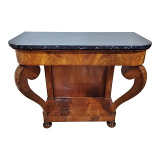 French 19th C Flamed Mahogany Empire Black Marble Top Wall Console Table For Sale