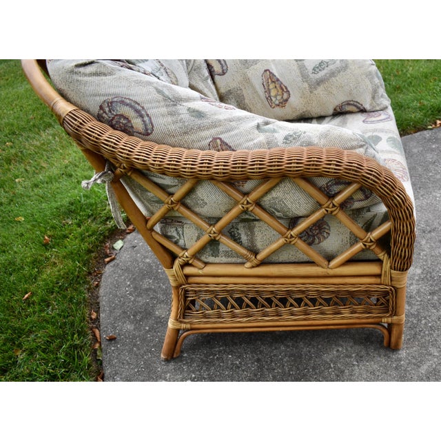 1970s Braxton Culler Rattan Wicker Lounge Accent Chair & Ottoman Set Coastal Boho For Sale - Image 5 of 16