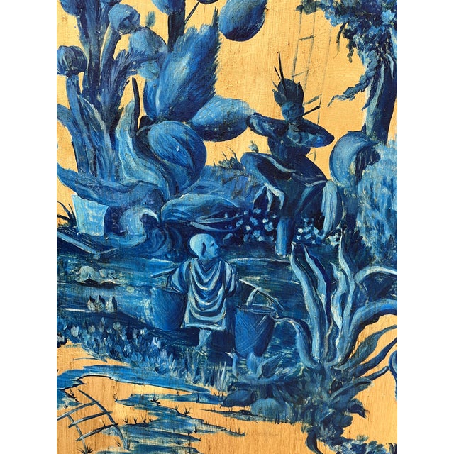 Pair of Hand Painted Blue Chinoiserie Chic Wall Hanging Giltwood Panels For Sale - Image 13 of 16