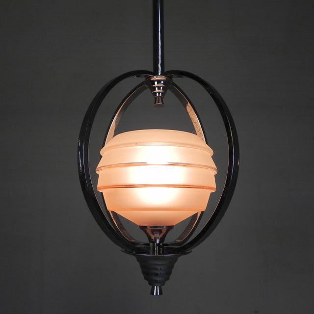 Art Deco Pendant Lamp with Glass Shade and Chrome Frame, 1930s For Sale - Image 9 of 18