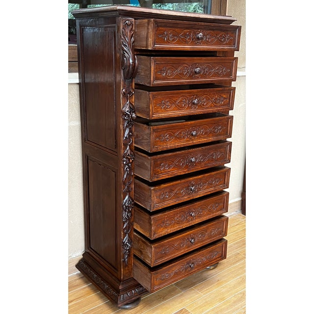 Late 19th Century Late 19th Walnut Nine Drawer Tall French Carved Chest or Siffonier For Sale - Image 5 of 12