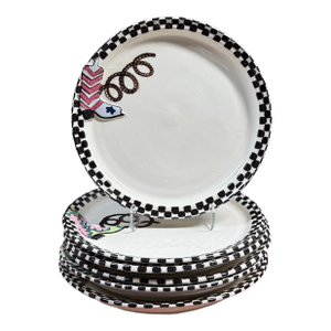 Robin Sterling for Barneys New York Handmade Pottery Western Style Cowboy Boot Checkerboard Plates - Set of 6