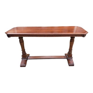 Carved Mahogany Double Pedestal Trestle Console Sofa Table, Circa 1960s For Sale