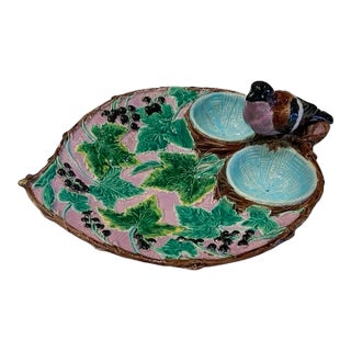 Early 20th Century Footed Majolica Strawberry Dish With Bird and Cream and Sugar Wells For Sale