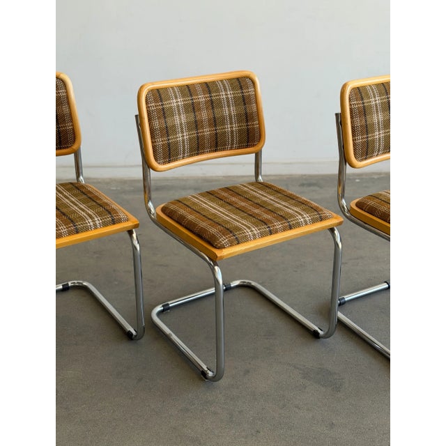 Metal 1970s Chrome & Plaid "Cesca" Style Cantilever Chairs - Set of 4 For Sale - Image 7 of 10