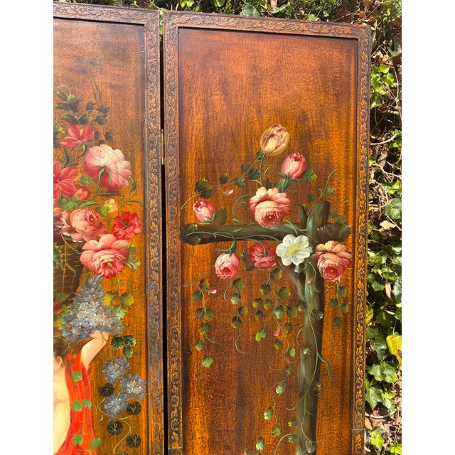 Antique Rococo French Three-Fold Hand-Painted Wood Romantic Cherub and Floral Room Divider, 1890s For Sale - Image 10 of 18