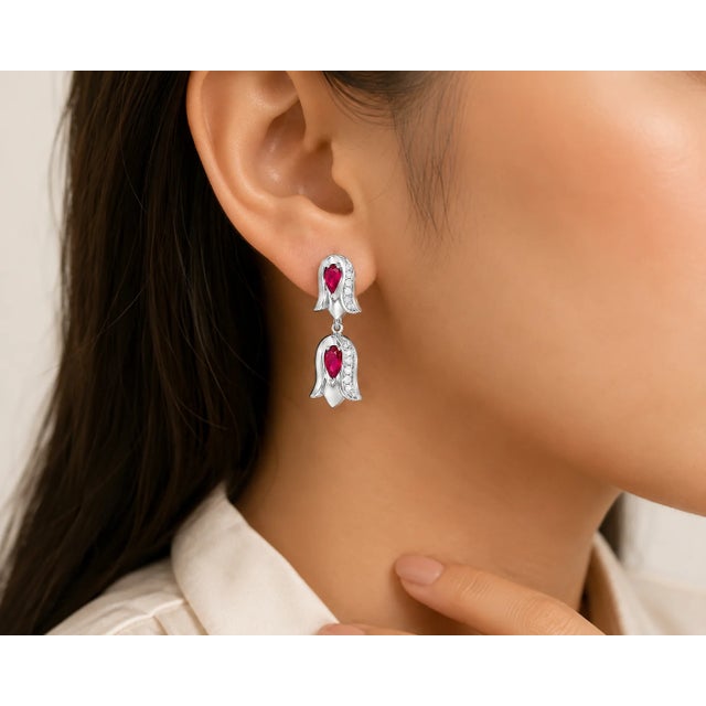 Contemporary 14K White Gold Ruby Diamond Tulip Dangle Earrings Elegant Estate Jewelry For Sale - Image 3 of 3