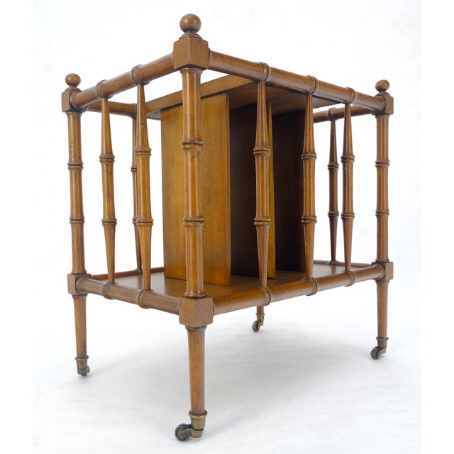 Faux Bamboo & Burl Canterbury Magazine Rack Stand Table on Brass Wheels MINT! For Sale - Image 9 of 11