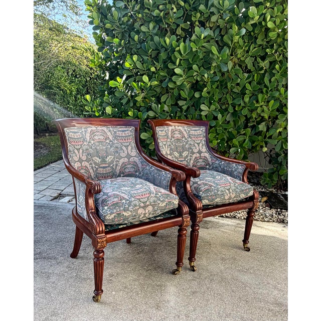 English Vintage Hickory Chair Regency Mahogany Armchairs With Original James River Upholstery, Pair For Sale - Image 3 of 12