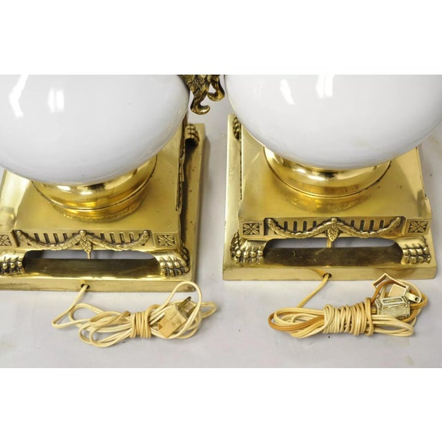 Vintage French Empire Neoclassical White Porcelain Brass Ormolu Table Lamp Pair For Sale - Image 10 of 12