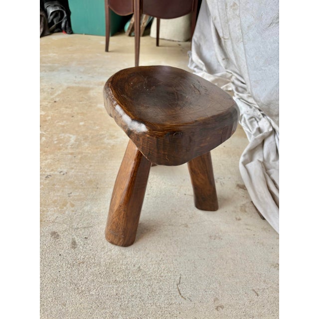 Mid 20th Century French Walnut Brutalist Tripod Stool For Sale - Image 4 of 12