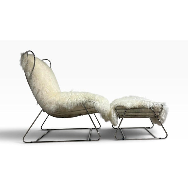 Contemporary Polished Stainless Steel and Shearling Chair and Ottoman, 2000s For Sale - Image 3 of 9