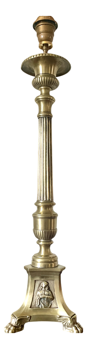 Brass Tripod Church Candlestick Lamp Base, 1930s