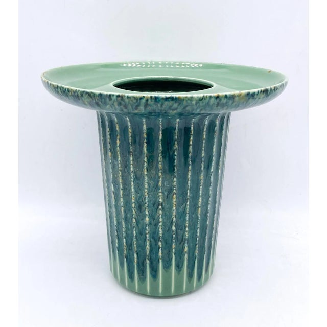 Mid Century Modern Ribbed Green-Blue Vase For Sale - Image 12 of 12