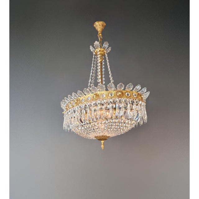 Art Deco Antique Oval Empire Style Crystal Chandelier Brass Neoclassical Light Restored For Sale - Image 3 of 15