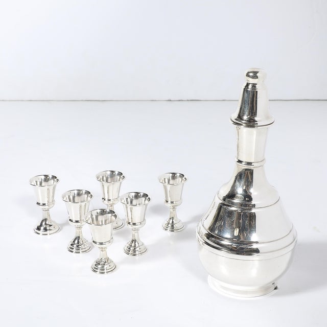 Mid-Century Minimalist Sculptural Sterling Kiddush Decanter and Six Cup Set For Sale - Image 14 of 14