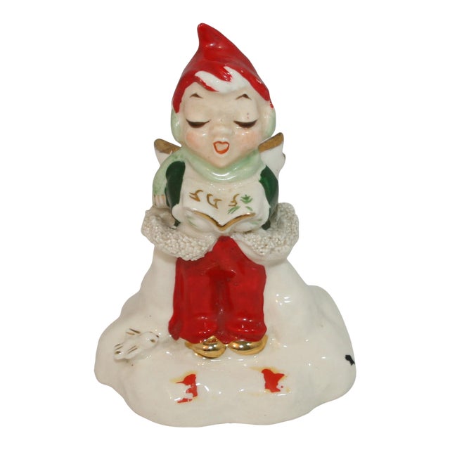 Mid Century Ceramic Singing Spaghetti Elf Christmas Bell Figurine For Sale