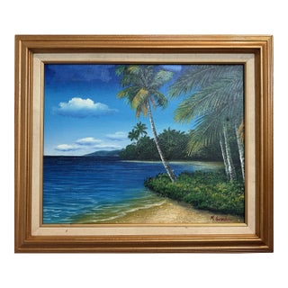 Tropical Beach Oil Painting Signed M Gordon, Palm Tree Seascape, Caribbean Coast For Sale
