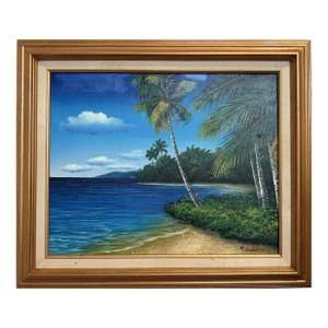 Tropical Beach Oil Painting Signed M Gordon, Palm Tree Seascape, Caribbean Coast