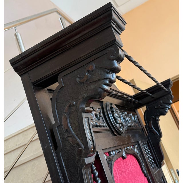 Spanish 19th Large Carved Spanish Solid Walnut Coat Rack Stand with Red Damask Back For Sale - Image 3 of 18