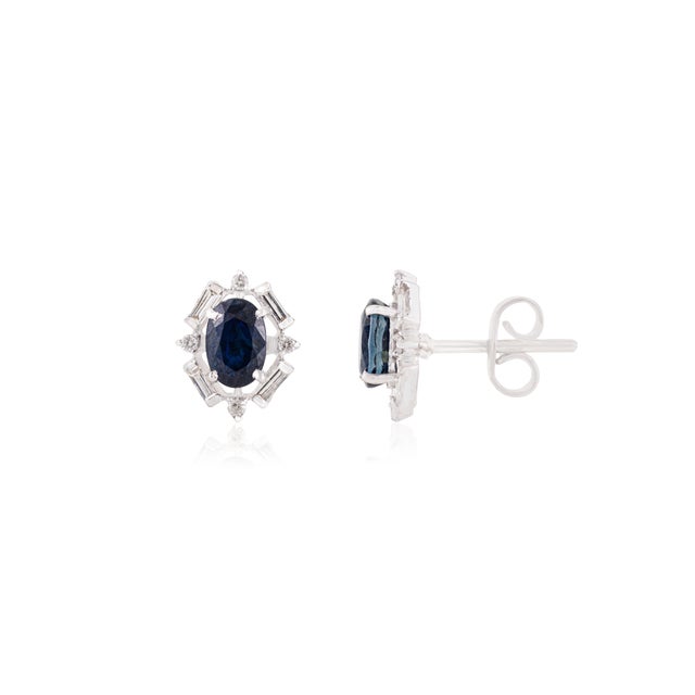 Grand Tour Art Deco Inspired Blue Sapphire & Diamond Halo Stud Earrings in 14k Gold- A Pair For Sale - Image 3 of 12