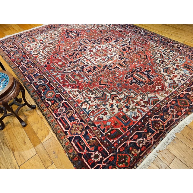 Red Vintage Room Size Heriz, Handwoven Geometric Medallion Pattern, Red & Navy, 9’ X 11’ For Sale - Image 8 of 12