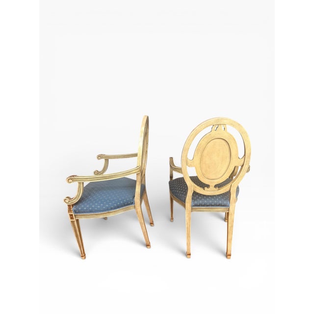 Pair of Vintage Neoclassical Painted & Gilt Louis XVI Style Armchairs With Hand-Painted Medallion Backs For Sale - Image 4 of 15