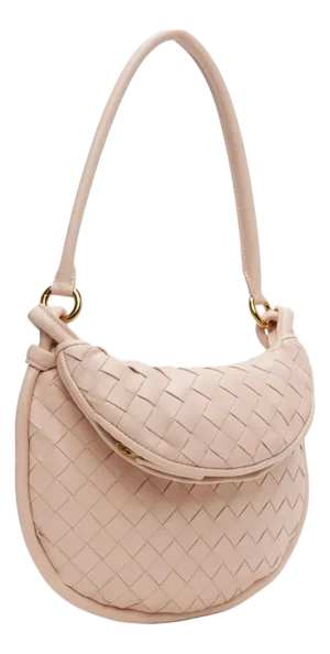 2023 Bottega Veneta Gemelli Intrecciato Small Lotus Brass Hobo Shoulder Handbag Woven Leather Palen Pink