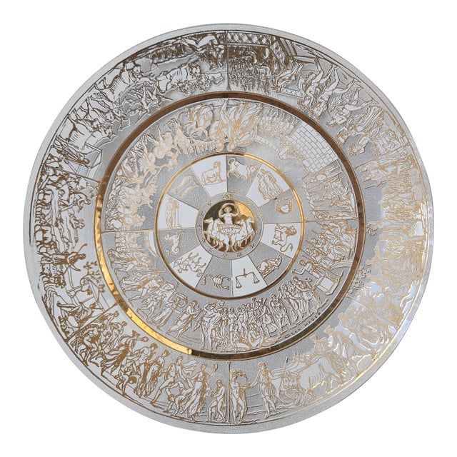 Lee Hager, Mid Century Intricately Painted Gold and White Zodiac Plate For Sale