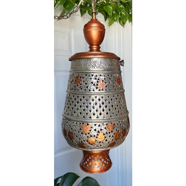 Vintage Silver Copper Toned Floral Perforated Metal Urn Pendant Lamp For Sale - Image 13 of 13