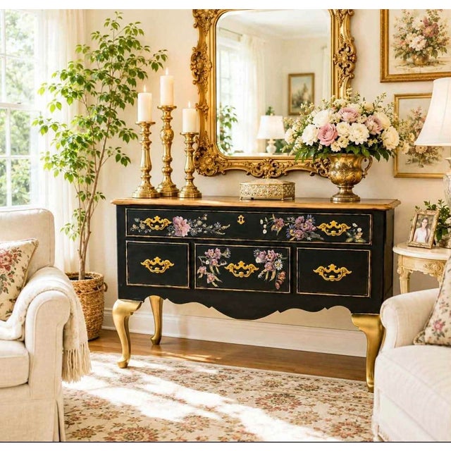 Ink Blue Vintage Statton Americana Hand-Painted Floral Queen Anne Chest of Drawers For Sale - Image 8 of 9
