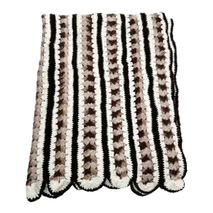 Vintage 1970's Hand Knit Brown & White Scalloped Blanket / Throw
