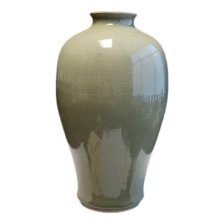 Vintage Thai Celadon Meiping Style Tall Vase For Sale