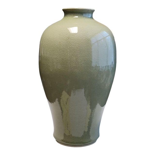 Vintage Thai Celadon Meiping Style Tall Vase For Sale