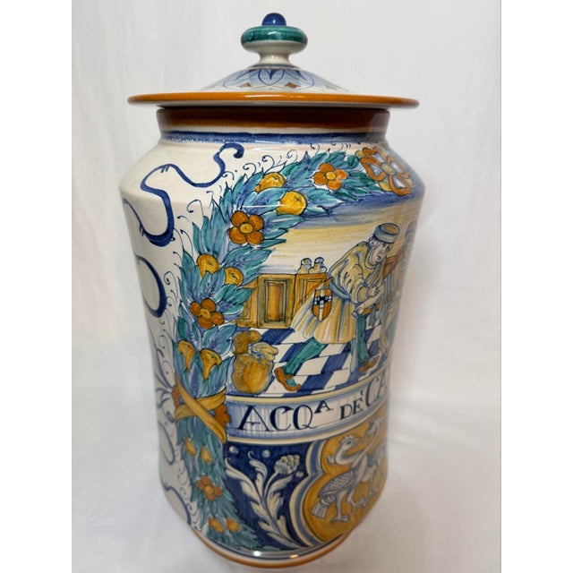 Deruta Italian art pottery apothecary jar. hand-painted by artist Francesca Niccacci in a Renaissance motif. Extra large:...
